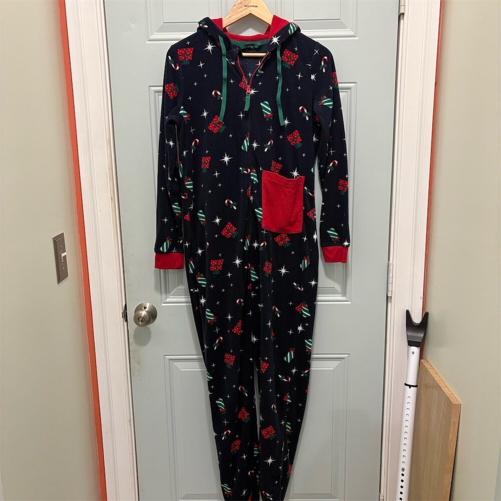 Esmara Unisex Christmas Holiday Hooded Full Zip Onesie Pajamas Size S Blue